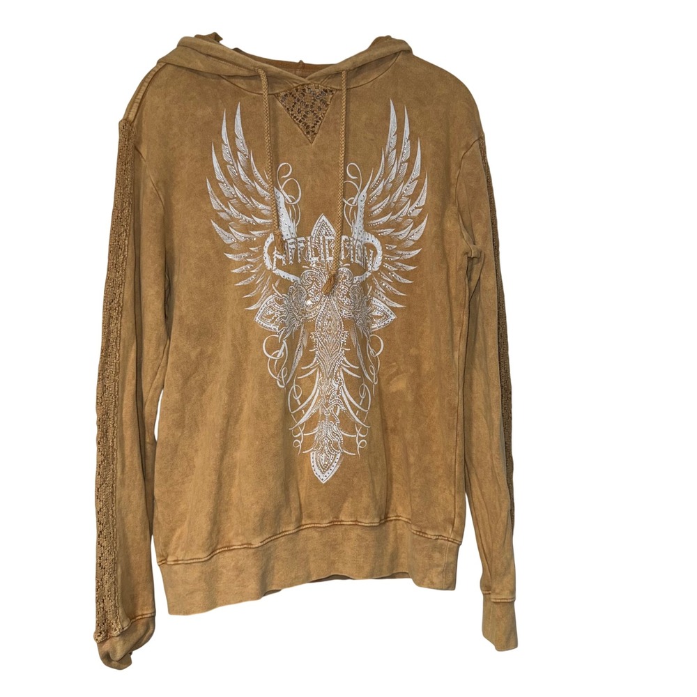 Affliction Hoodie Women Medium Yellow Cotton Graphic Rhinestone Crochet Wings